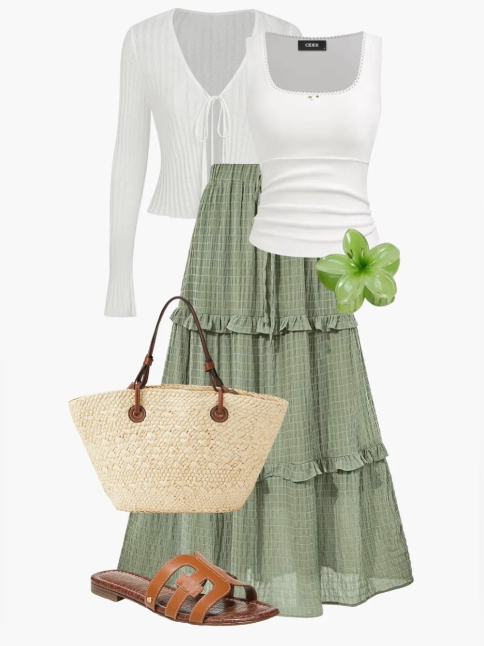 🇨🇦 Vintage Boho Maxi Skirt • Green Ombré • Crinkle Cotton Feel • Lace & Ribbon - Picture 14 of 14